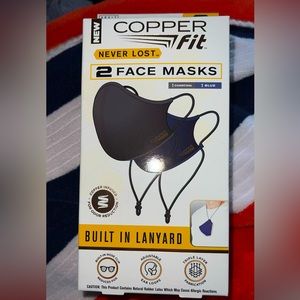 2 new Copper Fit Never Lost Face Masks w/Lanyard 1 Charcoal & 1 Blue
